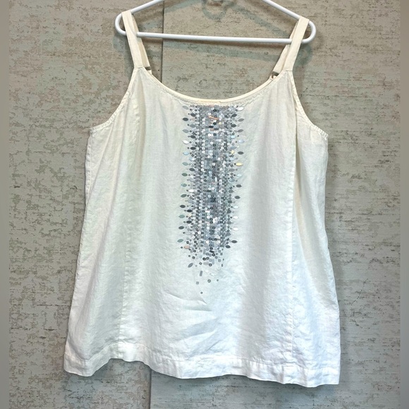 Eileen Fisher 100% Organic Linen Ivory Strappy Sequined Tank Top Sz 2X Beach - Picture 1 of 16